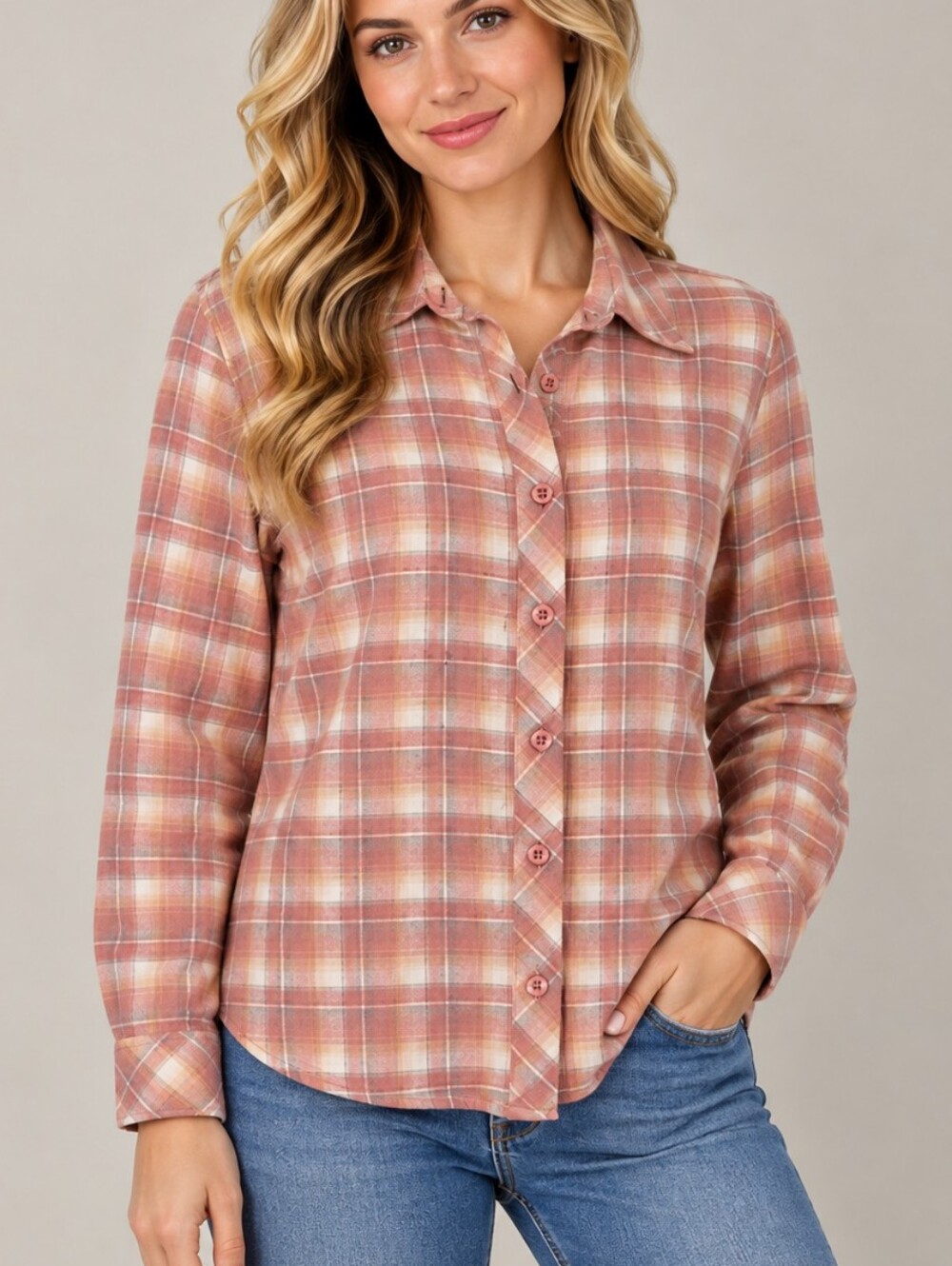 C.E. SCHMIDT Dusty Pink Flannel Plaid Button Down Long Sleeve Shirt